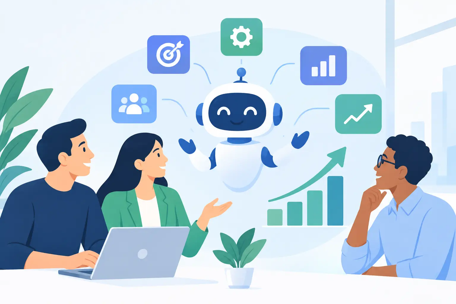AI agent helping a diverse team collaborate on business strategy, workflow automation, and growth analytics, with performance dashboards and upward-trending charts in the background.