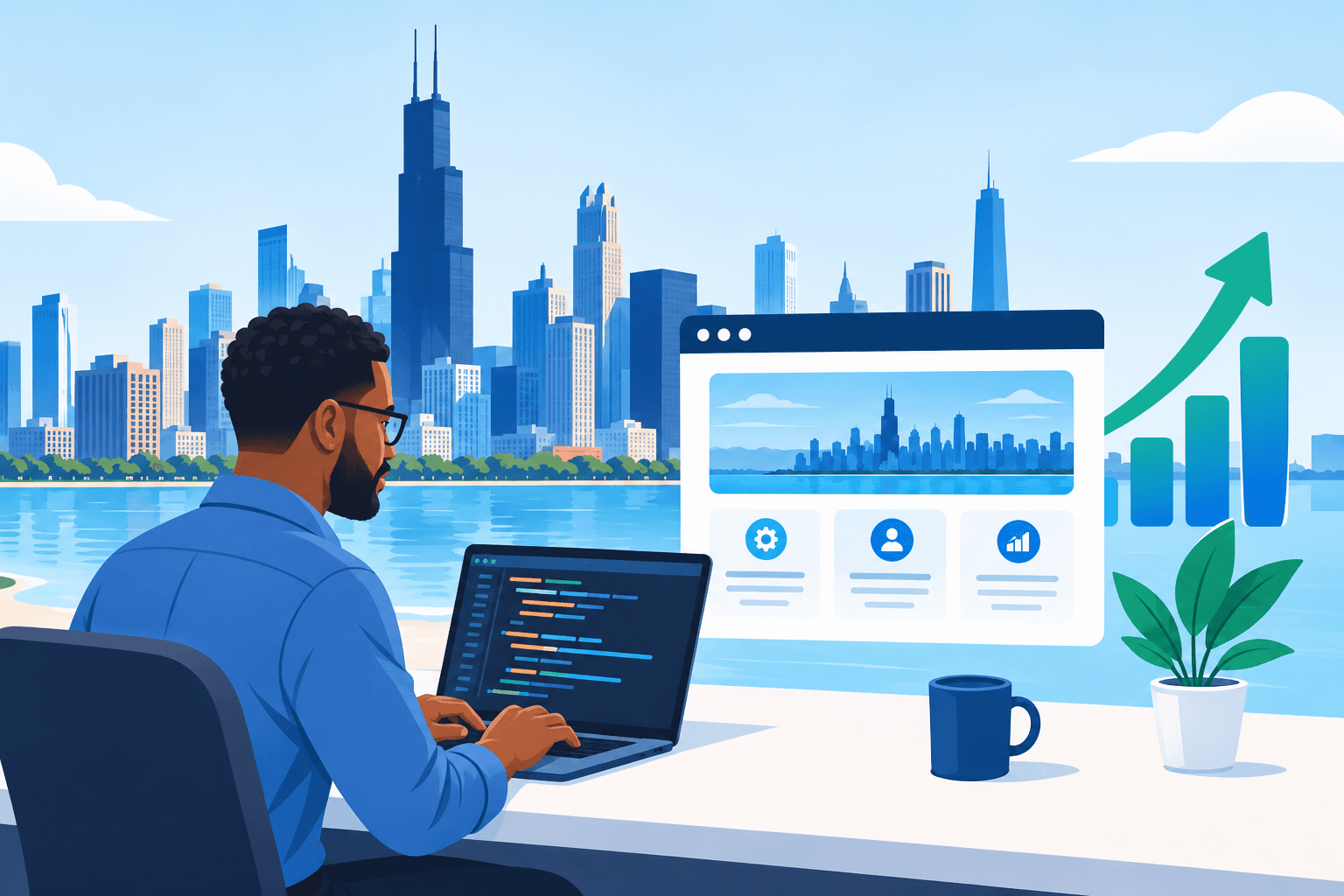Chicago web developer designing a business website, with the Chicago skyline in the background and digital growth analytics illustrating website development and business growth.