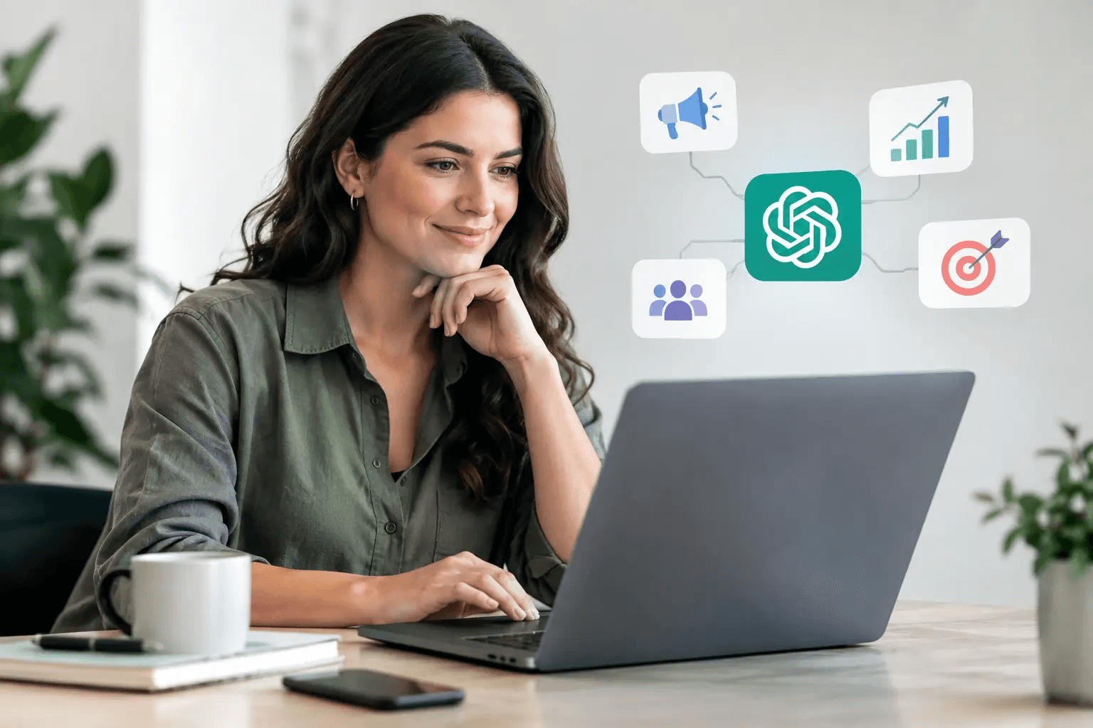 A woman using a laptop with ChatGPT and AI-powered digital marketing icons representing advertising, audience targeting, and performance analytics.
