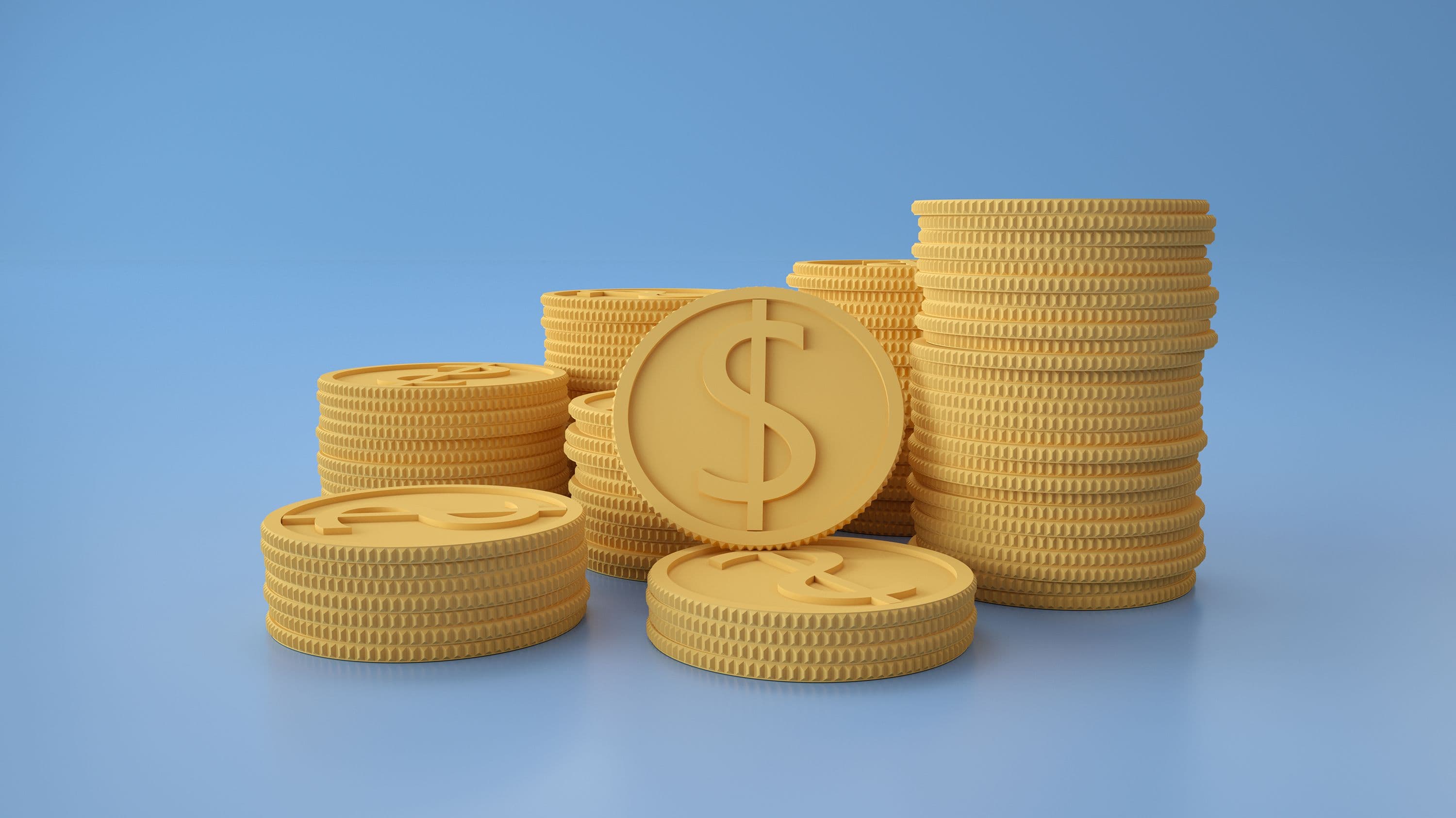 Stacked 3D gold coins with a prominent dollar sign emblem stand against a solid light blue background, arranged in a staircase pattern that steps upward from left to right.