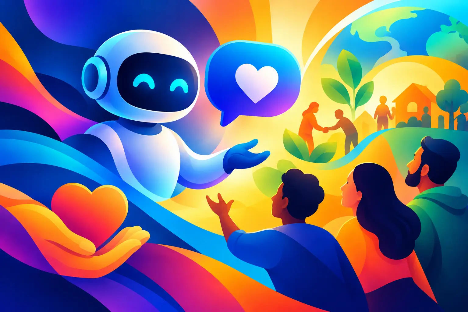 Colorful illustration of a friendly AI chatbot connecting people through compassionate, technology-enabled community support.