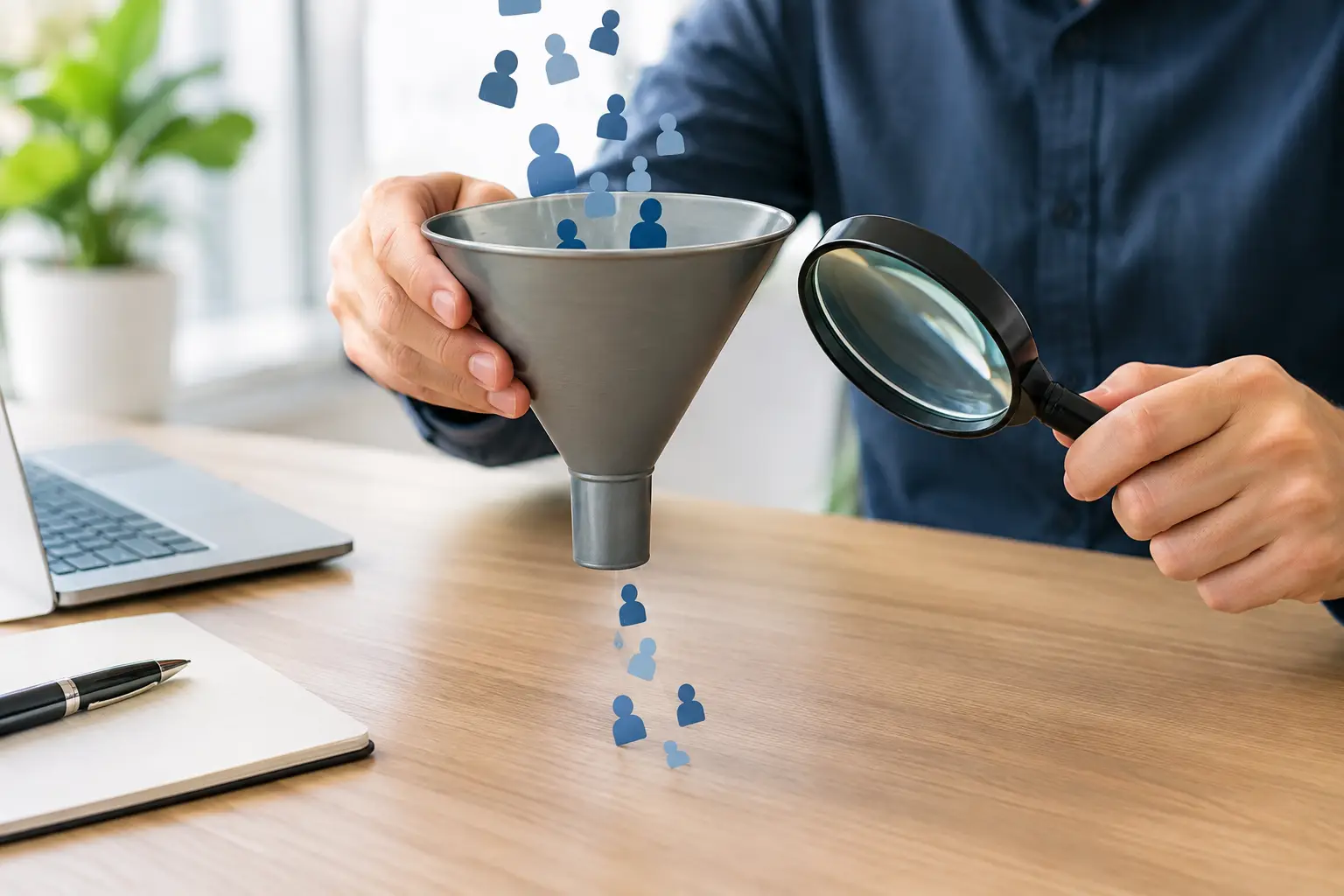 Conversion rate optimization concept showing a funnel filtering customer leads, with a magnifying glass to represent analyzing and improving website conversions.