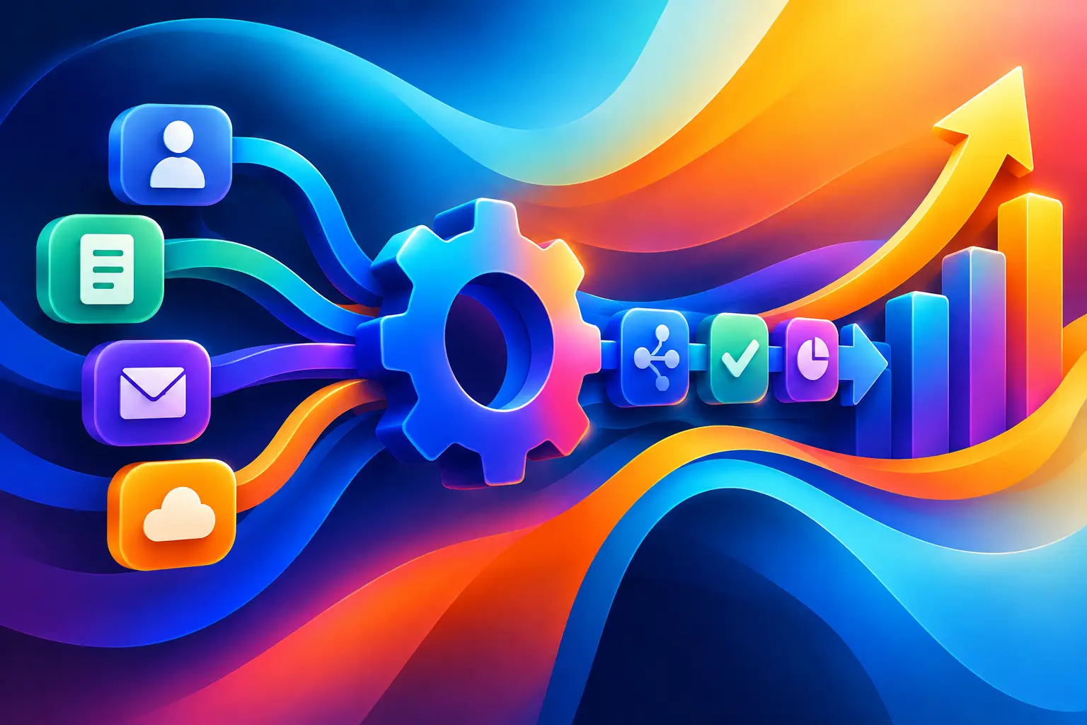 Colorful 3D illustration of workflow automation, featuring connected user, document, email, and cloud icons flowing through a central gear toward checkmarks, analytics, and upward-trending growth bars.