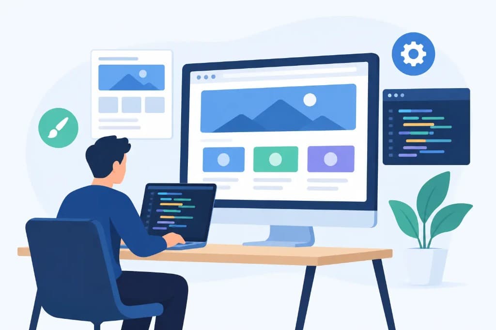 Illustration of a person at a laptop building a website shown on a large monitor
