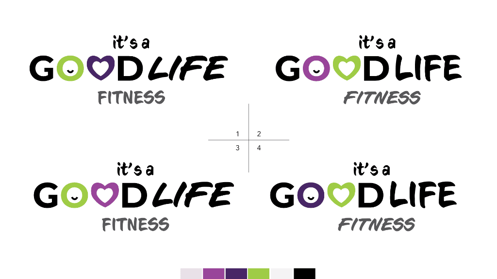 Four It's A Good Life Fitness logo explorations, with a purple and green color palette.