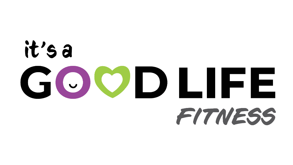 It's A Good Life Fitness logo, with a purple circle and a green heart beside the word Fitness.
