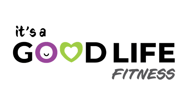 It's A Good Life Fitness logo, with a purple circle and a green heart beside the word Fitness.