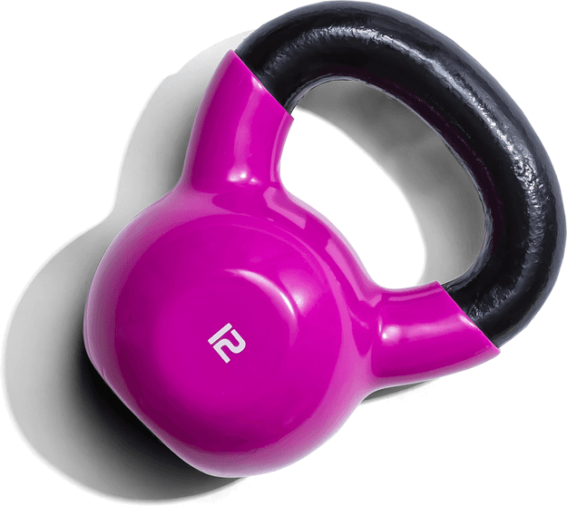 A glossy purple kettlebell with a black handle on a white background.