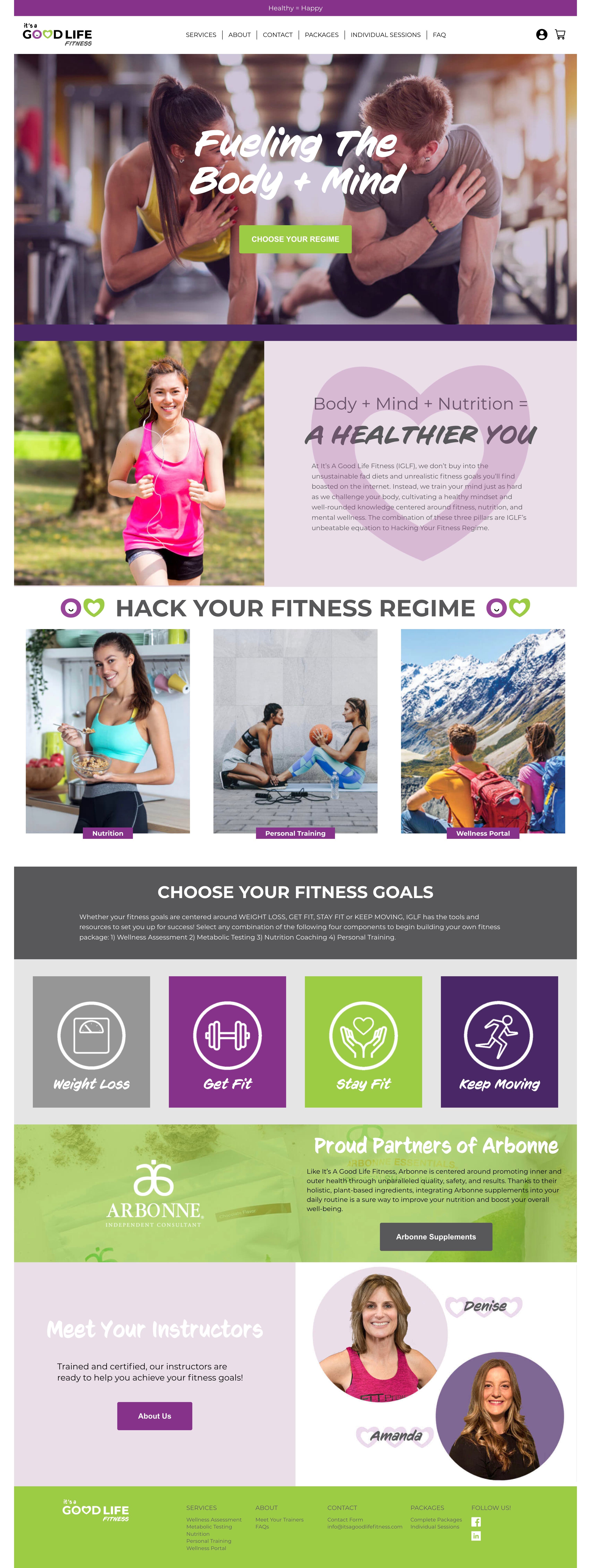 It's A Good Life Fitness homepage, headed Fueling The Body + Mind, with a fitness program section, goal icons, and the wellness portal.