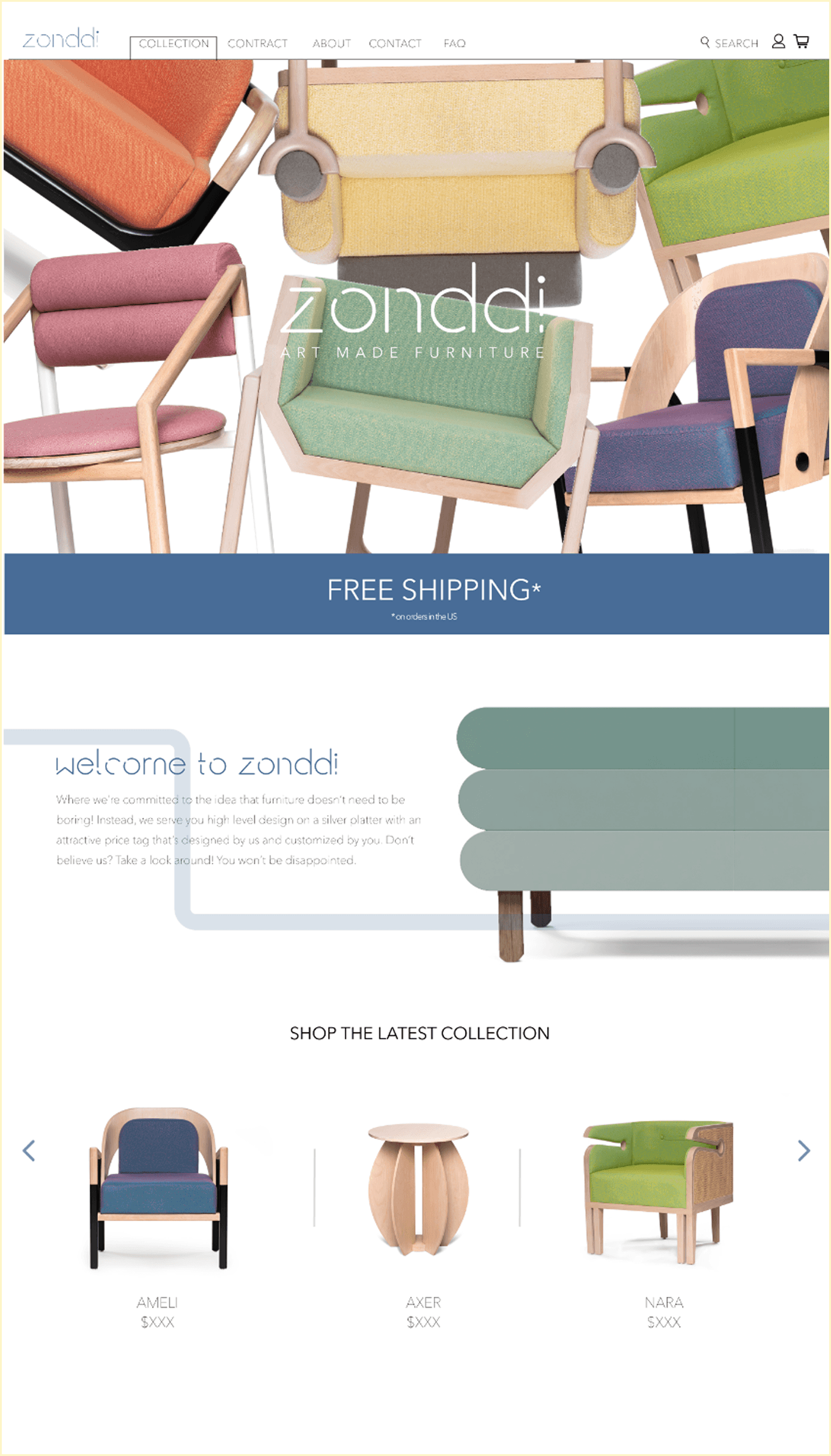 Zonddi homepage with colorful chairs and the line Art Made Furniture