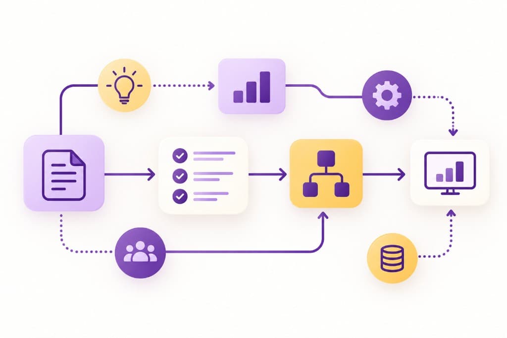 AI strategy workflow diagram Workflow diagram connecting a document, checklist, team, chart, settings, and dashboard with arrows.